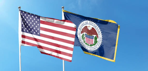 istock Twin Flags USA and Federal Reserve System, Fed Waving Flags with Textured Background 1425827721