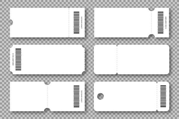 Set of blank tickets, coupons and vouchers with ruffle edges. Ticket and voucher mockups, white cardboard texture. Concert and cinema ticket, discount voucher and gift coupon template Set of blank tickets, coupons and vouchers with ruffle edges. Ticket and voucher mockups, white cardboard texture. Concert and cinema ticket, discount voucher and gift coupon template. Vector voucher stock illustrations
