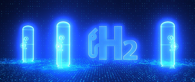 H2 hydrogen gas storages hologram. 3d illustration.