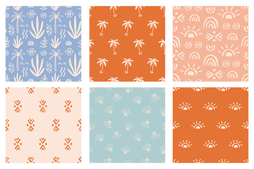 Beach simple boho seamless pattern set. Palm tree, ocean waves vector repeat texture collection. Hand drawn Doodles tropical summer background. Modern textile, print, wallpapers, wrapping paper.