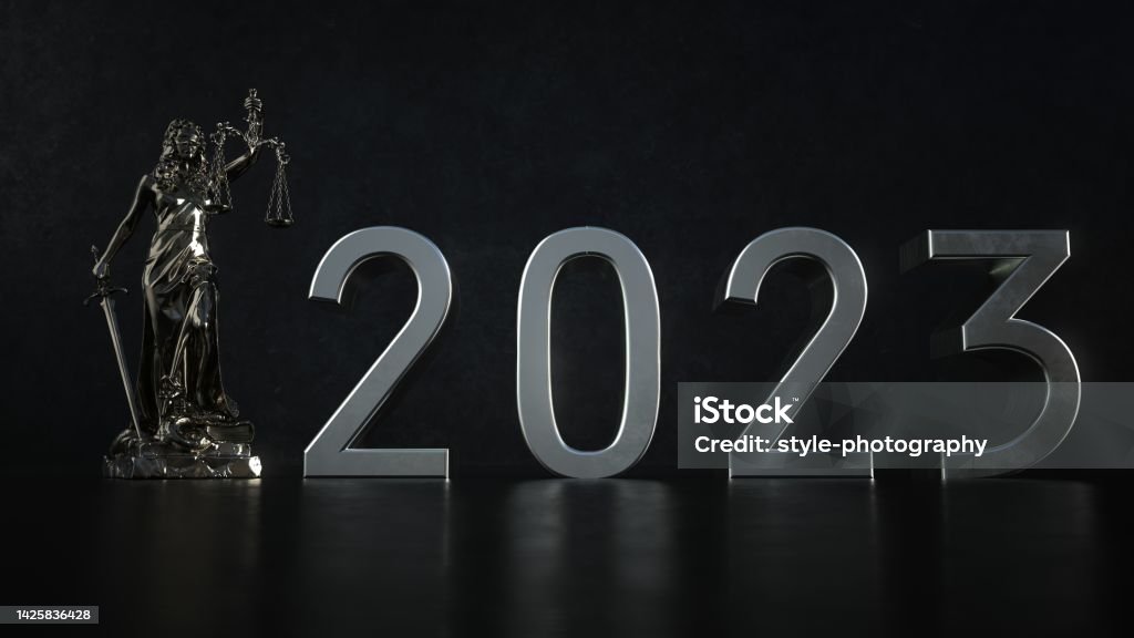 New Laws 2023 The Lady of Justice statue with the year 2023. 3d illustration. 2023 Stock Photo