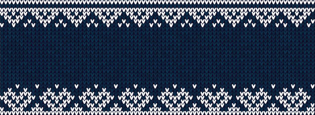 Ugly sweater Christmas party border. Knitted background pattern scandinavian ornaments. Ugly sweater Christmas Greeting Card X-mas 2023 Happy New Year. Vector illustration knitted background border pattern scandinavian ornaments. White, blue colors knitting. Flat style cardigan sweater stock illustrations