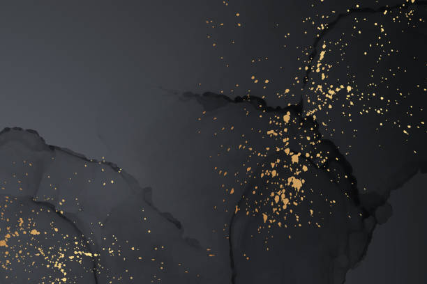 istock Watercolor background with abstract black ink waves and golden splashes. 1425839139