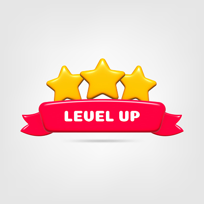 Level up reward vector badge illustration. Golden stars with red ribbon isolated on white background. Mobile game UI cartoon design element.