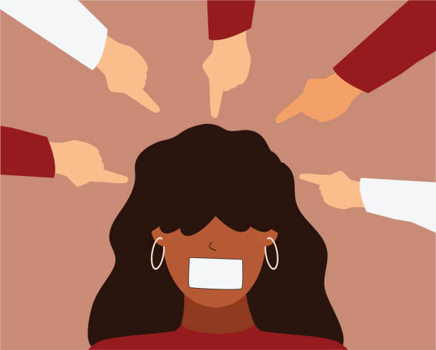 people surround an african american woman and point fingers accusing her. stop bullying, racism,  discrimination and abuse concept. - racism stock illustrations