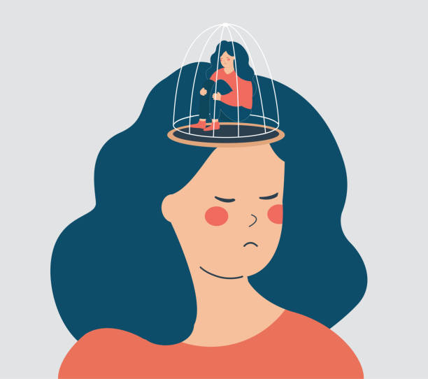 Woman prisoner in a cage inside of herself. Person suffers from addiction, rights, low self esteem, restrictions and mental health. Woman suffers from drug addiction, rights restrictions, repression in the society. Concept of freedom of speech, mental health disorders. low self esteem stock illustrations