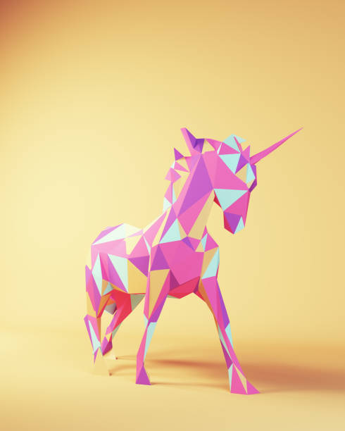 istock Unicorn Made from Pink Blue Purple Triangles Mythical Fantasy Creature Cool Studio Fun with Yellow Beige Background 1425843524