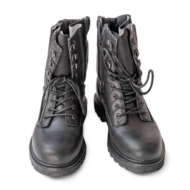 istock Men's black high boots for safe work face view on white background. 1425843581