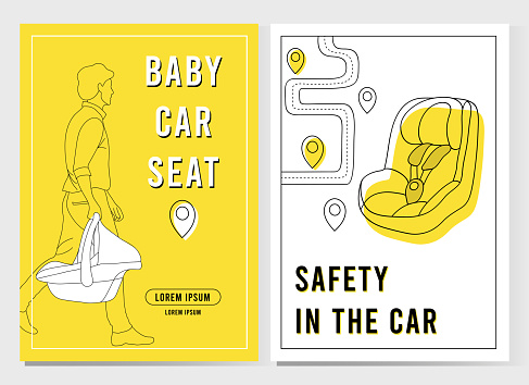 Set of flyers for baby car seat, safety in the car, traffic laws. Man with carrier. A4 vector illustration for poster, banner, advertising, cover.