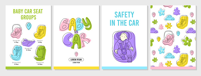 safety in the car, traffic laws, groups of seats. Pattern, lettering, brochure. A4 vector illustration for poster, banner, advertising, cover.