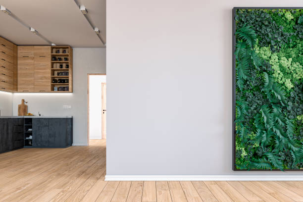 istock Empty living room with a large plaster wall, vertical garden and a modern kitchen  in the background 1425844831