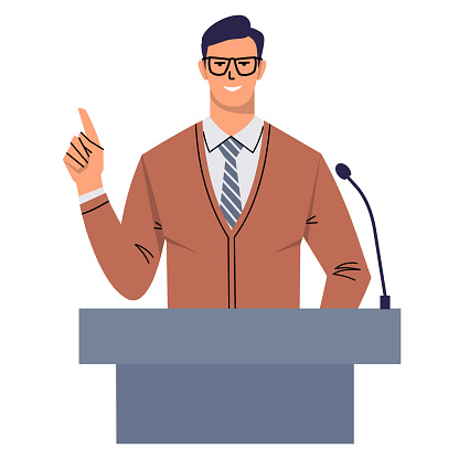 A young man in glasses and a tie stands behind the podium during a performance. A smiling leader, politician, teacher speaks publicly. Presentation of a businessman. Flat vector isolated on white.