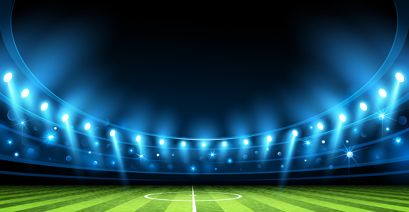 Realistic football arena with spotlights. Stadium with filled stands with sports soccer fans and bright flashes of light. Vector illustration