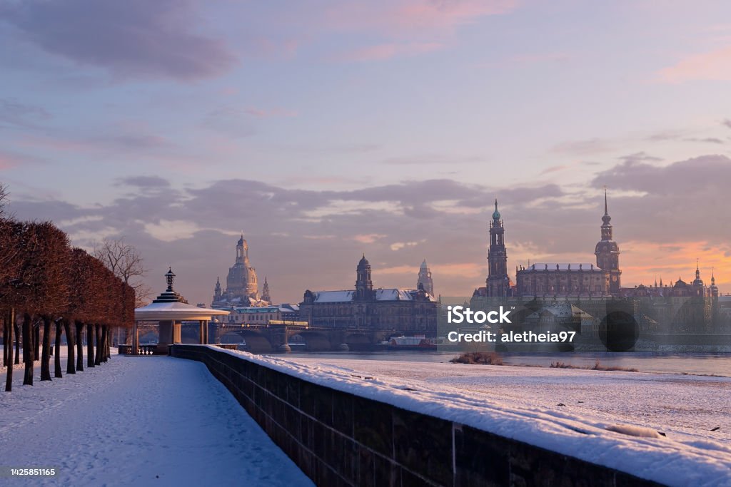 Panoramic view of ancient city of Dresden during winter, Germany Saxony Stock Photo