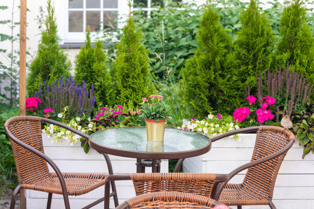 istock Empty table in outdoor cafe or restaurant. Tables and chairs at sidewalk cafe. Touristic setting, cafe table, sidewalk cafe furniture. 1425852904