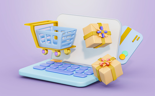 laptop with shopping cart giftbox credit card sign 3d render concept for online shopping payment