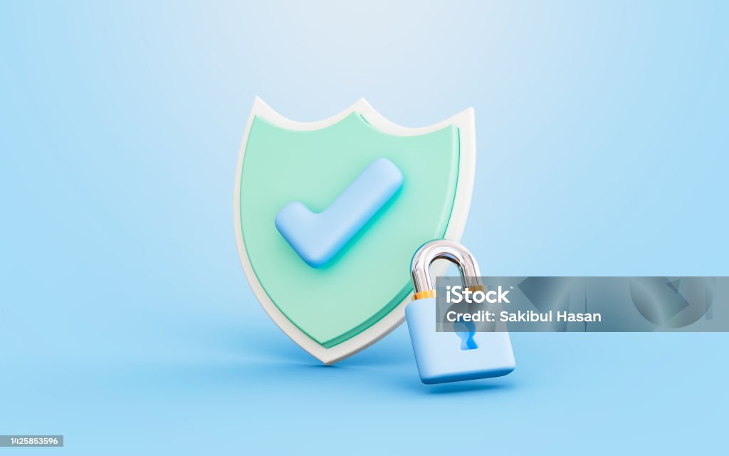 security shield check mark with lock sign 3d render concept for cyber security shield check mark with lock sign 3d render concept for cyber protection defense Padlock Stock Photo