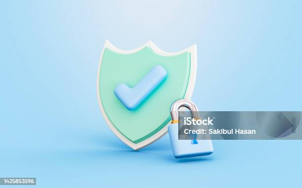 Security Shield Check Mark With Lock Sign 3d Render Concept For Cyber Stock Photo - Download Image Now