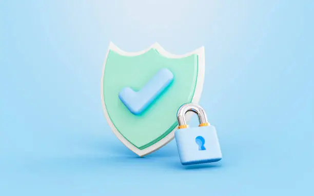 Photo of security shield check mark with lock sign 3d render concept for cyber