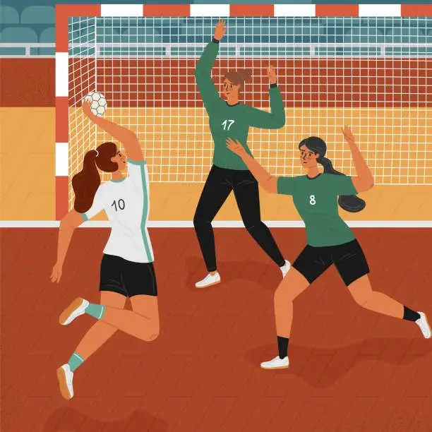 Vector illustration of Female handball player jumps in attack and throwing ball. Women's handball athletes playing sport tournament game. Professional sport