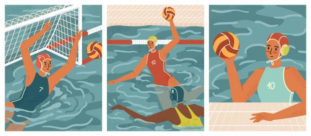 ilustrações, clipart, desenhos animados e ícones de jogadoras de polo aquático em pôsteres de vetores de ação. conceito de natação feminina e esportes aquáticos. jogo de equipe de polo aquático em torneio - water polo swimming symbol computer icon