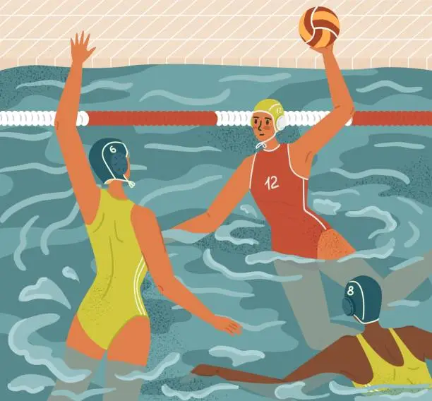 Vector illustration of Water polo female players in action concept vector illustration. Women's swimming and water sports. Water polo team play game in tournament. Athlete attack goalkeeper with a ball