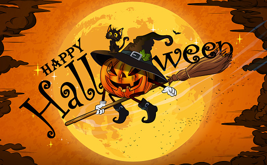 Happy Halloween text with Halloween pumpkin character flying on broom. (Used clipping mask)