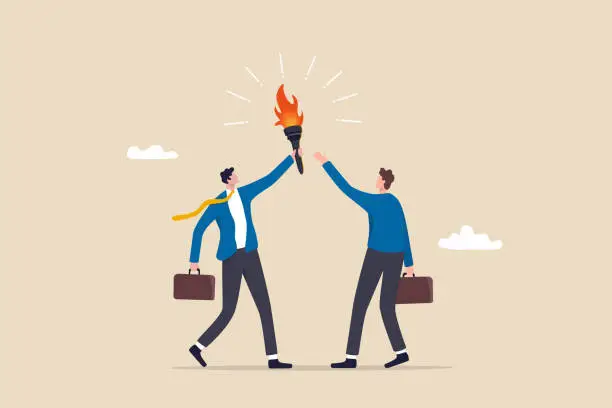 Vector illustration of Successor plan, baton pass or transfer to new chosen leader, change new CEO or collaboration to achieve goal and win business competition concept, smart businessman leader passing torch to successor.