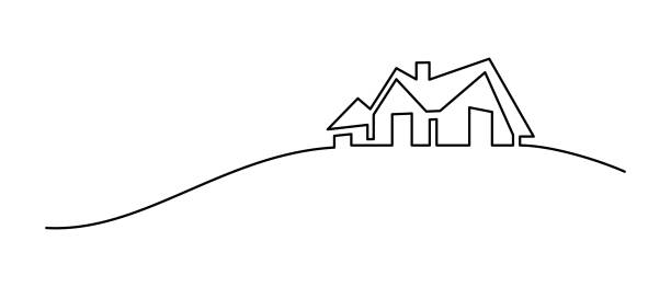House on the hill Abstract house on the hill in continuous line art drawing style. Residential building, real estate black linear design isolated on white background. Vector illustration monochrome house stock illustrations