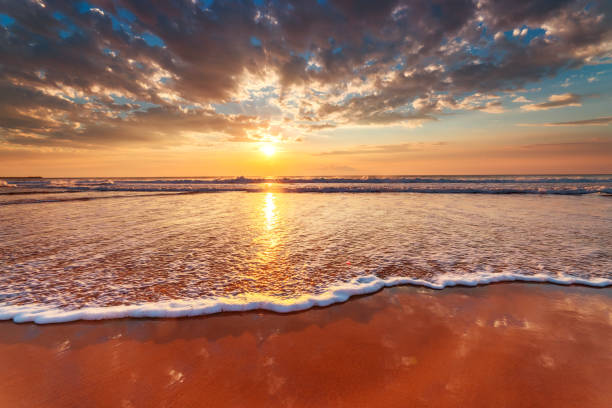 istock Beautiful sunrise over the sea waves and beach 1425861070
