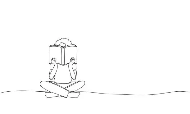 Vector illustration of Girl sitting and reading book. Hand draw line art out line continuous line. Vector illustration