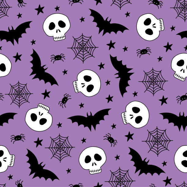 ilustrações de stock, clip art, desenhos animados e ícones de skull, bat, and spider seamless pattern on purple backgound. halloween design. - bat halloween spider web spooky