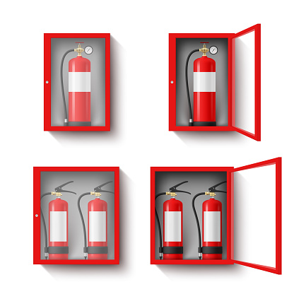 Closed open red box with fire extinguisher set realistic vector illustration. Safety firefighter cabinet for emergency chemical protection rescue prevention alarm supply industrial manual safeguard