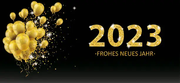 Vector illustration of Golden Balloons Golden Particles Confetti 2023 Neues Jahr