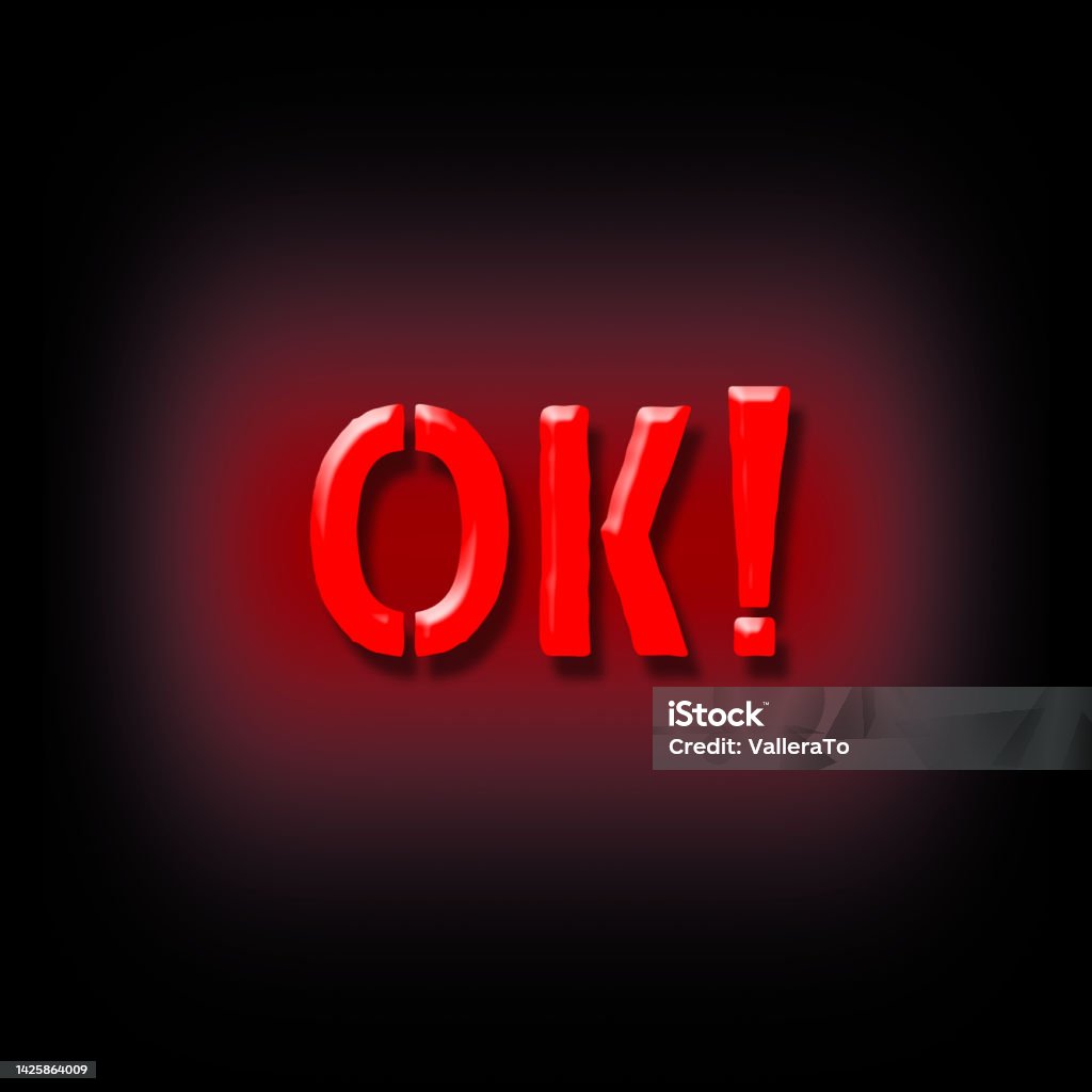 OK. Red neon words are isolated on black background. Design element. OK. Red neon words are isolated on black background. Design element. Background. Abstract Stock Photo