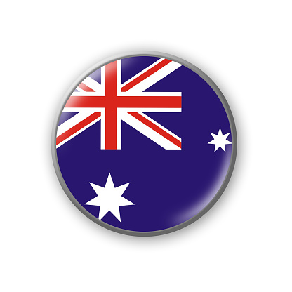 Australia flag. Round badge in the colors of the Australia flag. Isolated on white background. Design element. 3D illustration. Signs and symbols.