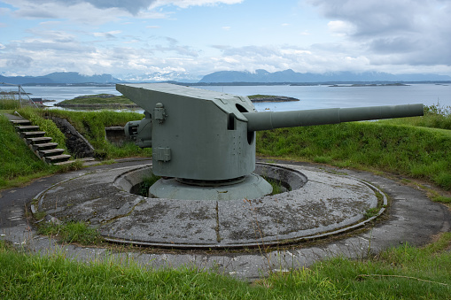 Bud, Norway - July 02, 2022: Ergan costal Fort was built by the Germans during Second World War with batteries and bunker facilities. Selective focus