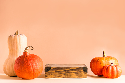 Pumpkins and wooden podium on beige background, copy space. Seasonal trendy product showcase. Halloween or Thanksgiving celebration concept.