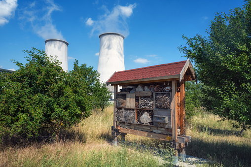 insect hotel  in meadow in front of industrial smoke stacks of chemistry industry under blue sky