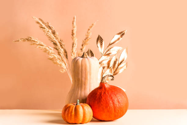 istock Pumpkins and autumn golden leaves 1425866632