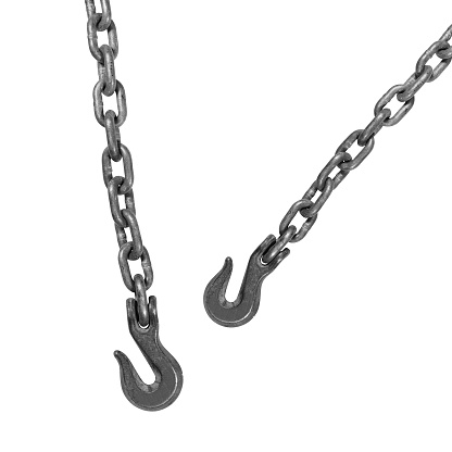 Metal hook hanging on chain isolated on white background