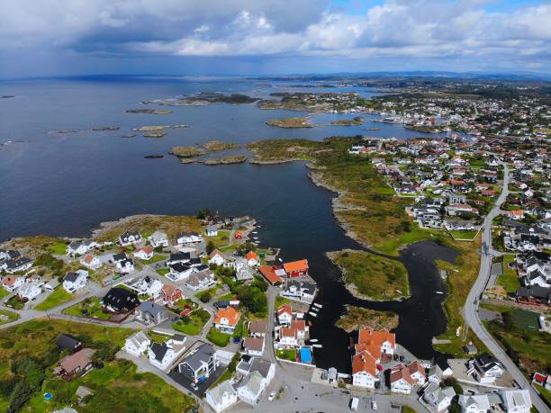 Karmoy island, Norway Norway Karmoy island drone view. Akrehamn town aerial view. haugaland photos stock pictures, royalty-free photos & images