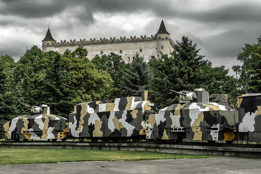 Zvolen, Slovakia - May 16, 2009 : Armored train Hurban from World war II and Zvolen castle in centre of city
