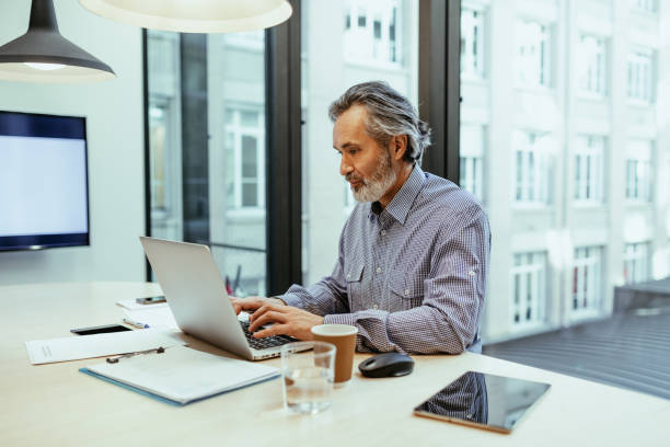 istock Gray hair decision maker working in office, looking at laptop and smiling while trading cryptocurrencies 1425873264