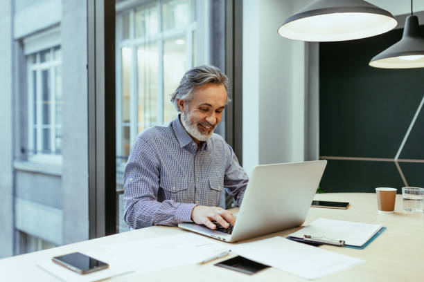 istock Gray hair decision maker working in office, looking at laptop and smiling while trading cryptocurrencies 1425873332