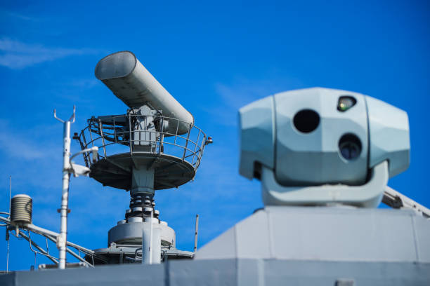 military radar air surveillance on navy ship - sea safety antenna radar imagens e fotografias de stock