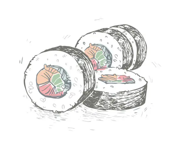 Vector illustration of Takeout Shushi Rolls Sketch