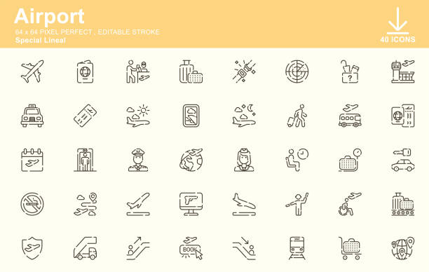 공항 특별한 선형 아이콘, 편집 가능한 획, 64x64 픽셀 완벽한 - usa airport airplane cartography stock illustrations