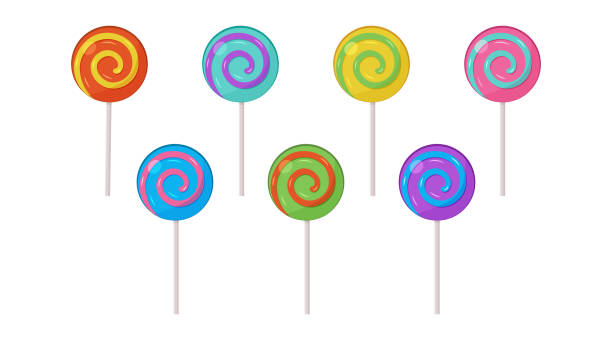 Lollipop candy vector set, spiral sucker on stick, sugar swirl icon. Cartoon sweet lollypop. Colorful illustration Lollipop candy vector set, spiral sucker on stick, sugar swirl icon. Cartoon sweet lollypop isolated on white background. Colorful illustration hard candy stock illustrations