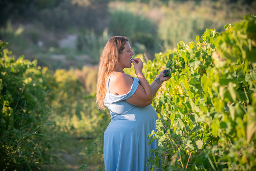 Pregnant woman expecting a baby spends happy time in grape garden